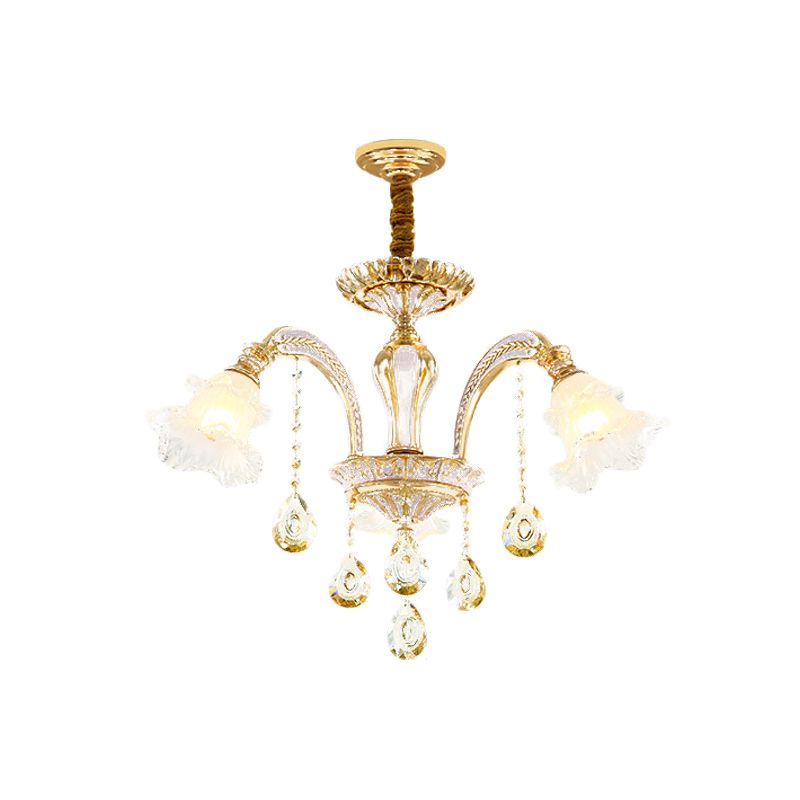 Gold 3/6-Light Ceiling Chandelier Traditional Crystal Stand Suspension Lighting with Floral Frosted Glass Shade