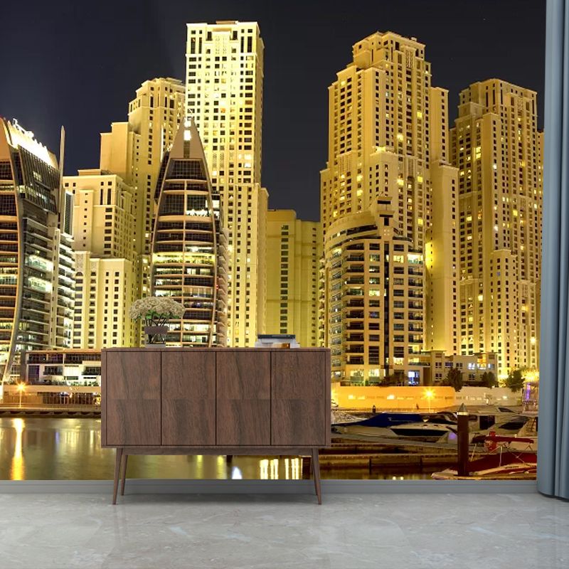 Brown and Gold Skyscrapers Mural Wallpaper Stain-Resistant Wall Decor for Meeting Room