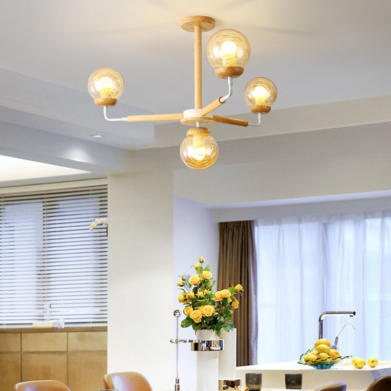 Minimalist Globe Chandelier Wooden 4-Light Bedroom Suspension Light with Glass Shade