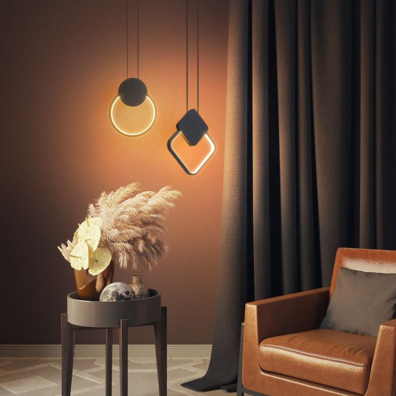 Luz de techo colgante de anillo Ligera colgante moderna Candelera de orbe de metal en acabado negro