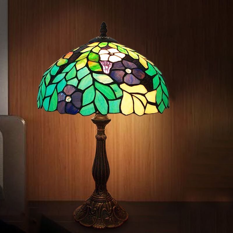 Stained Glass Coffee Nightstand Lamp Bowl Shape 1-Head Victorian Leaf and Petal Patterned Night Table Light