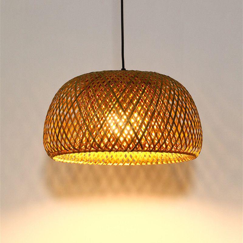 Asian Creative Drum Pendant Light Bamboo Weaving Hanging Lamp for Interior Spaces