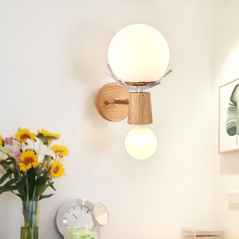2 Heads Bedside Wall Lighting Modernist Wood Sconce Light Fixture with Ball White Glass Shade