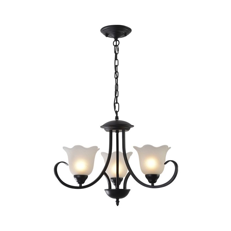 Opal Frosted Glass Zwart Kroonluchter Bloemen 3/8/9-Licht Farmhouse plafond hanglamp met scrollende arm