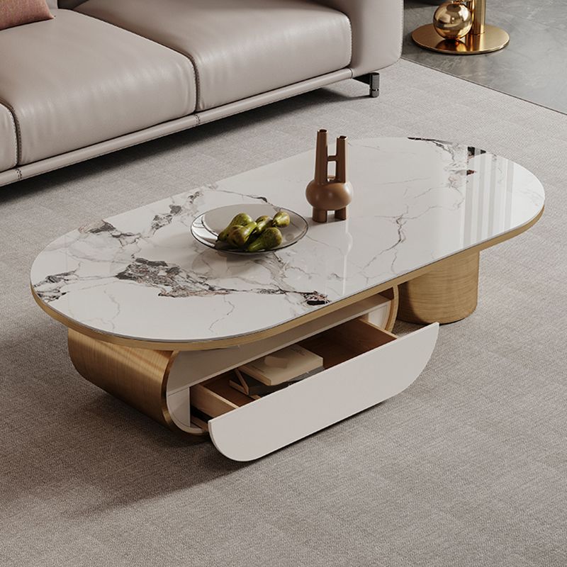 Elliptical Slate Top Coffee Table 1 -shelf Glam Cocktail Table with 1 - Drawer