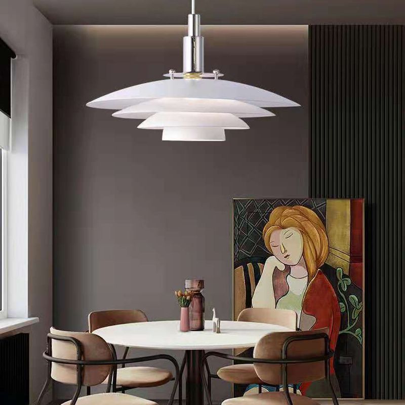 Modern Style Pendant Light Layered White Metal Hanging Lamp for Restaurant Bedroom