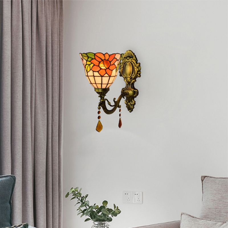 Bowl Wall Sconce Lamps Tiffany Stained Glass 1 Bulb Floral Wall Sconce Lights with Crystal in Orange