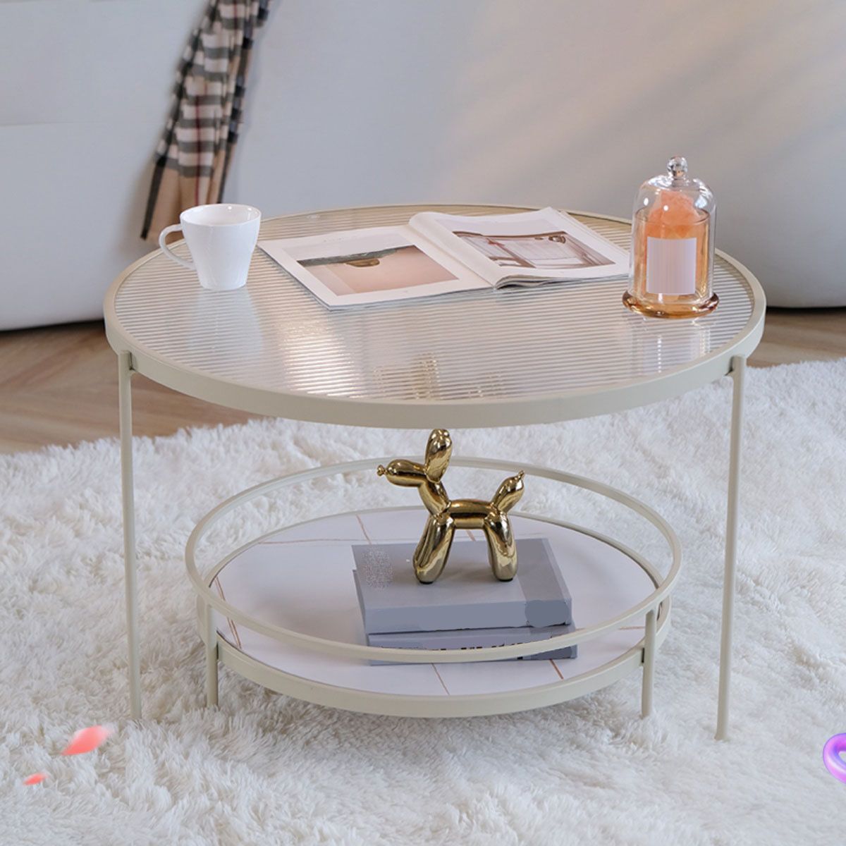 Modern Glass Top Coffee Table Round Metal Frame Cocktail Table
