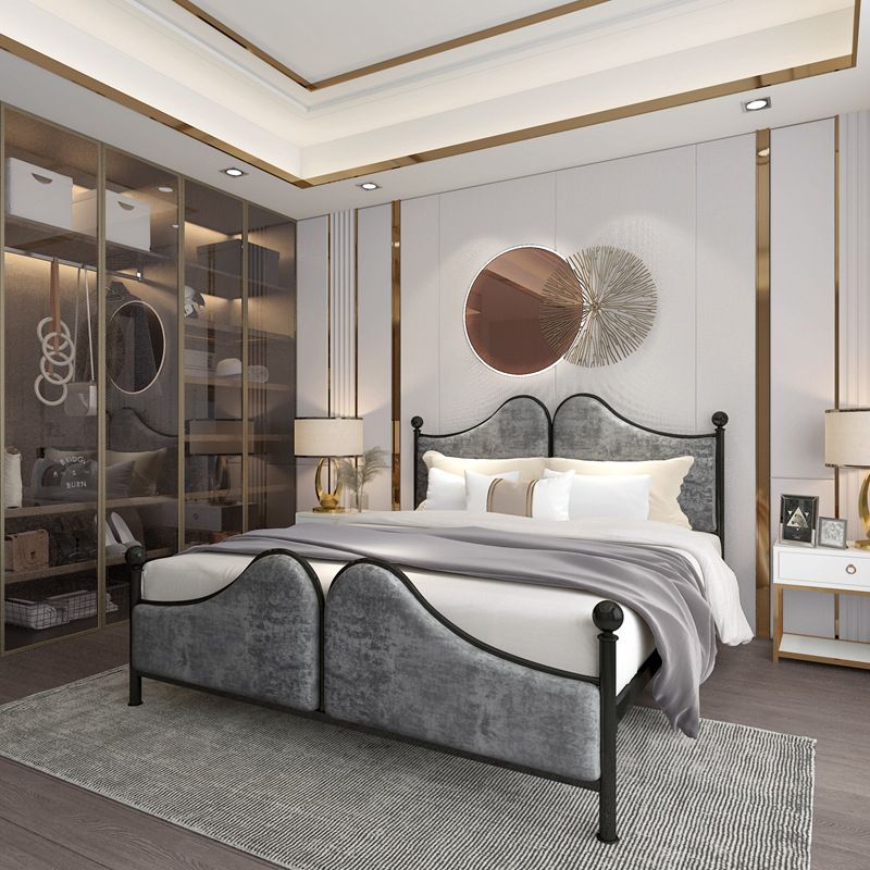 Glam Standard Bed with Upholstered Headboard in Iron Frame Bed