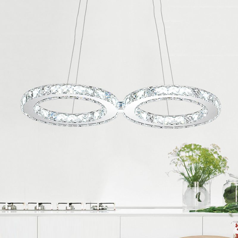Double Ring Crystal Hanging Pendant Light Modern 2 Heads Silver LED Chandelier Lamp in Warm/White Light for Dining Room
