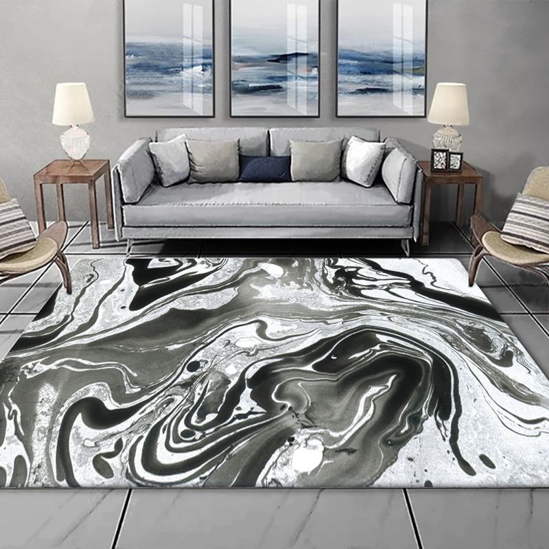 Modern Living Room Rug in Black and White Abstract Twisted Lines Pattern Rug Polyester Washable Area Rug