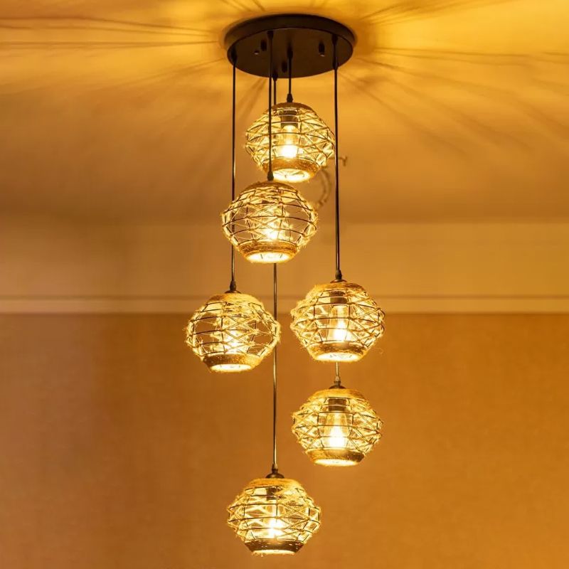 Rustiek elliptisch multi -hangend licht 3/6 lichten touw hanger plafondlamp in bruin, ronde/lineaire luifel
