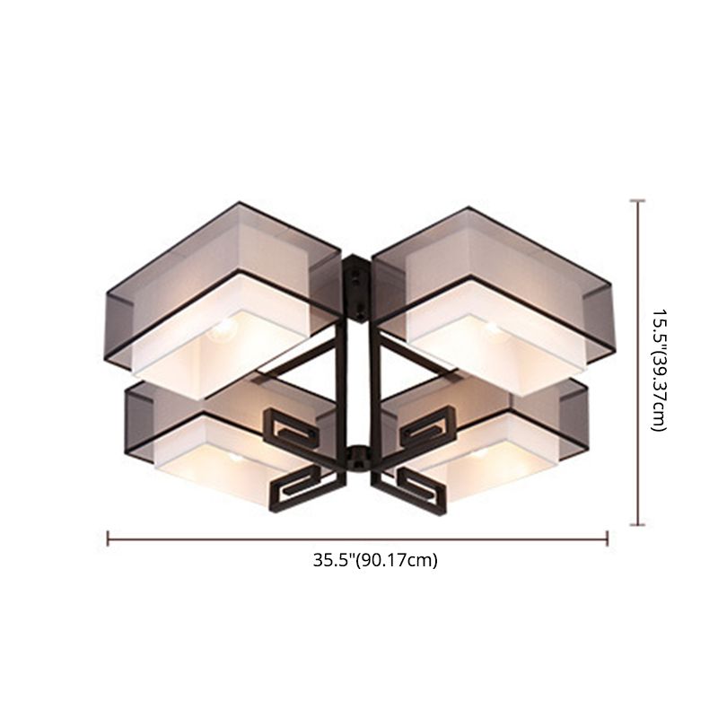 Plafoniera quadrata da incasso a 4 luci in stile classico tradizionale in ferro battuto con paralume in lino