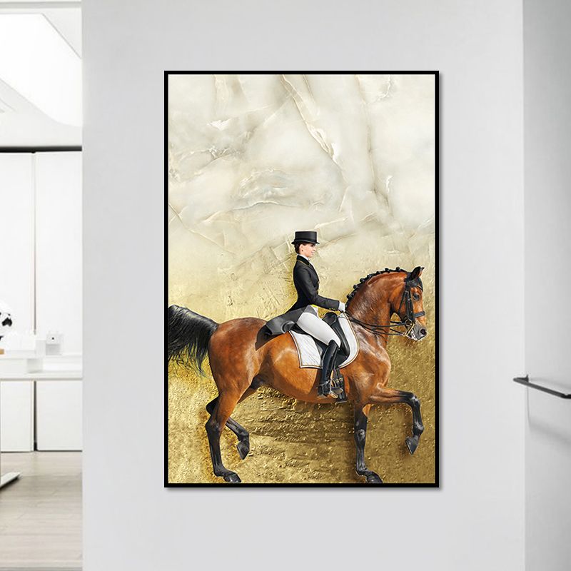 Lady Riding Horse Painting Art Print Vintage Canvas Wall Decor in Brown and Black