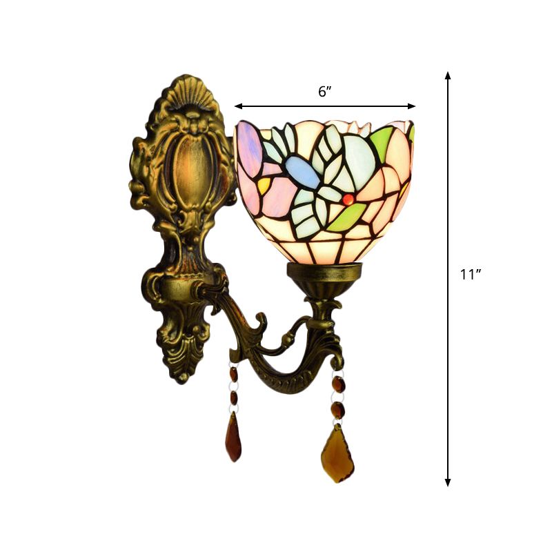 Bedroom Blossom Bird Wall Light Stained Glass 1 Head Wall Sconce with Agate Deco in Antique Brass