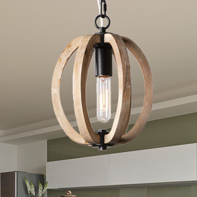 Country Style Orb Drop Light Wood One Light Ceiling Pendant Light in Black for Foyer