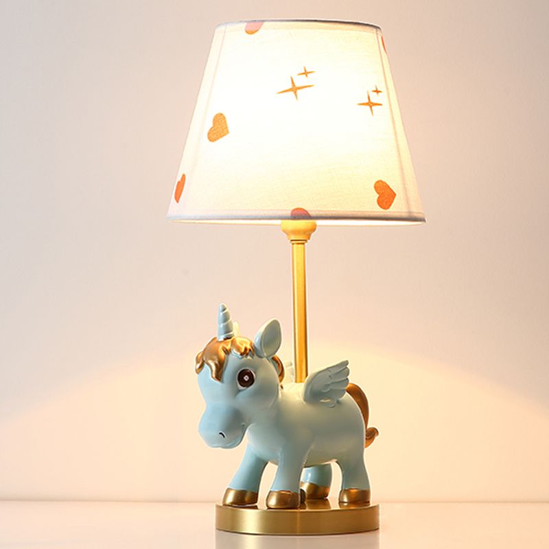 Cone Shade Night Light Kids Print Fabric 1 Bulb Pink/Blue Table Lighting with Unicorn Base