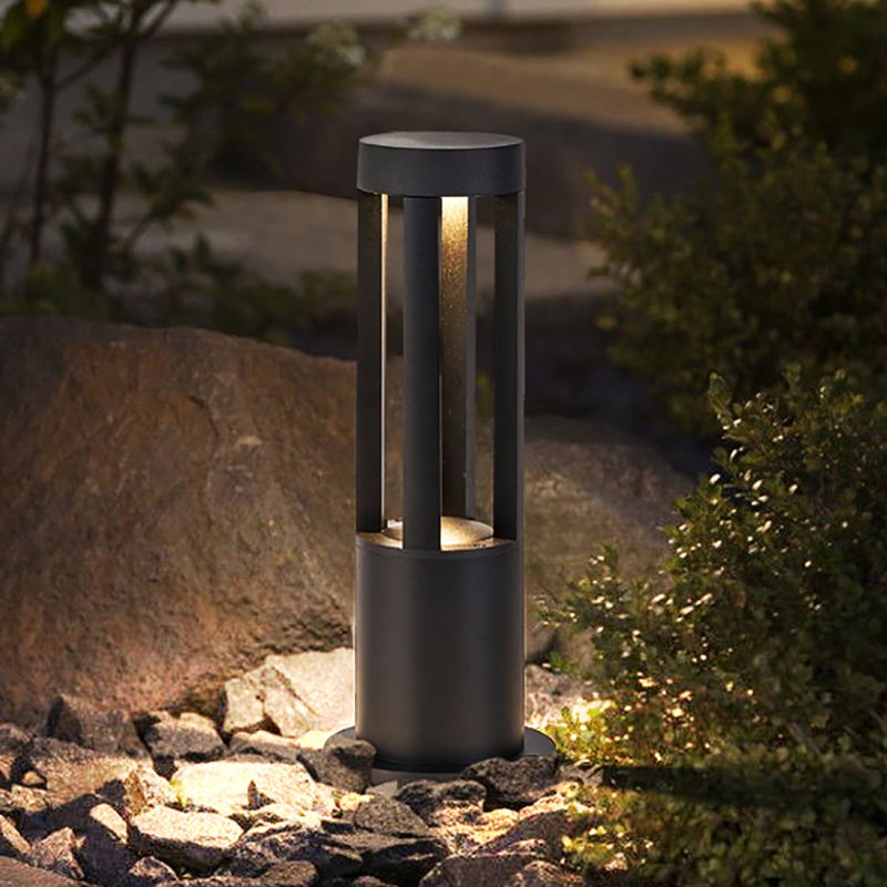 Contemporary Metal Pillar Lamp Geometric Shape Outdoor Waterproof Light in Black Finish