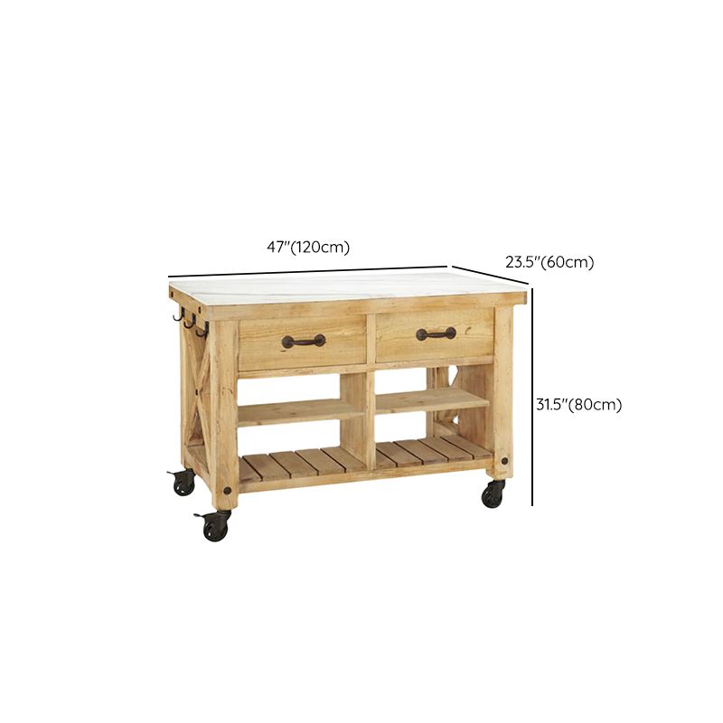 Modern Rectangle Kitchen Cart with Pine Wood Base and 2 Drawers
