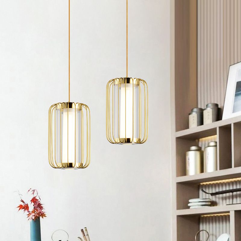 1-Head Pendant Lighting Colonialism Cylinder Clear Glass Hanging Lamp Kit with Metal Frame for Bedroom