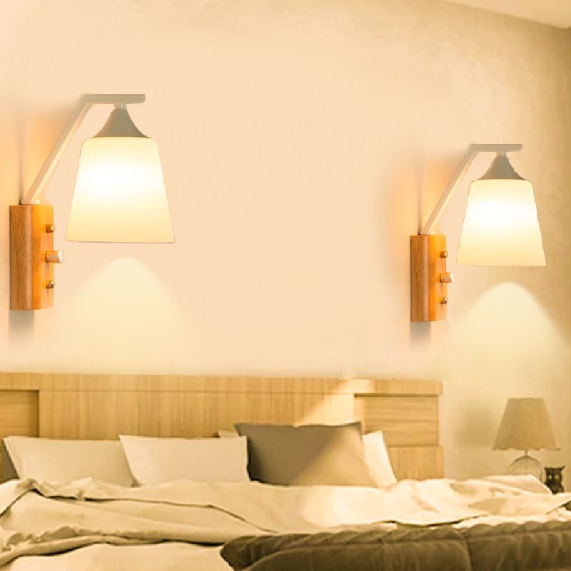 Modern Creative Dome Wall Lamp Wooden 1-Light Wall Sconce with White Glass Shade