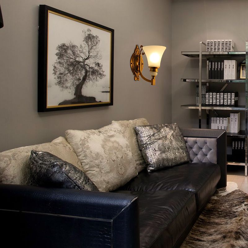 Flared Shade Bedroom Wall Lighting Vintage Style Frosted Glass 1/2-Light Brass Finish Wall Lamp