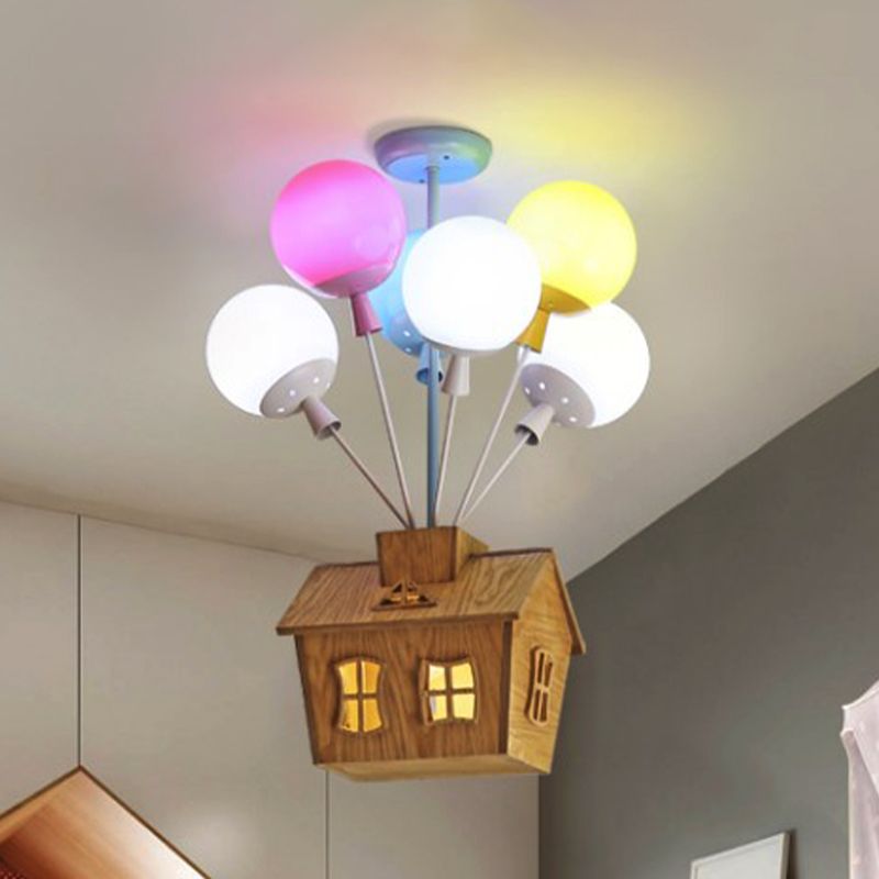 Semi-plafonnier pour chambre d'enfant, ballon en verre bleu-rose-jaune, 6 lumières, plafonnier pour enfants avec maison en bois