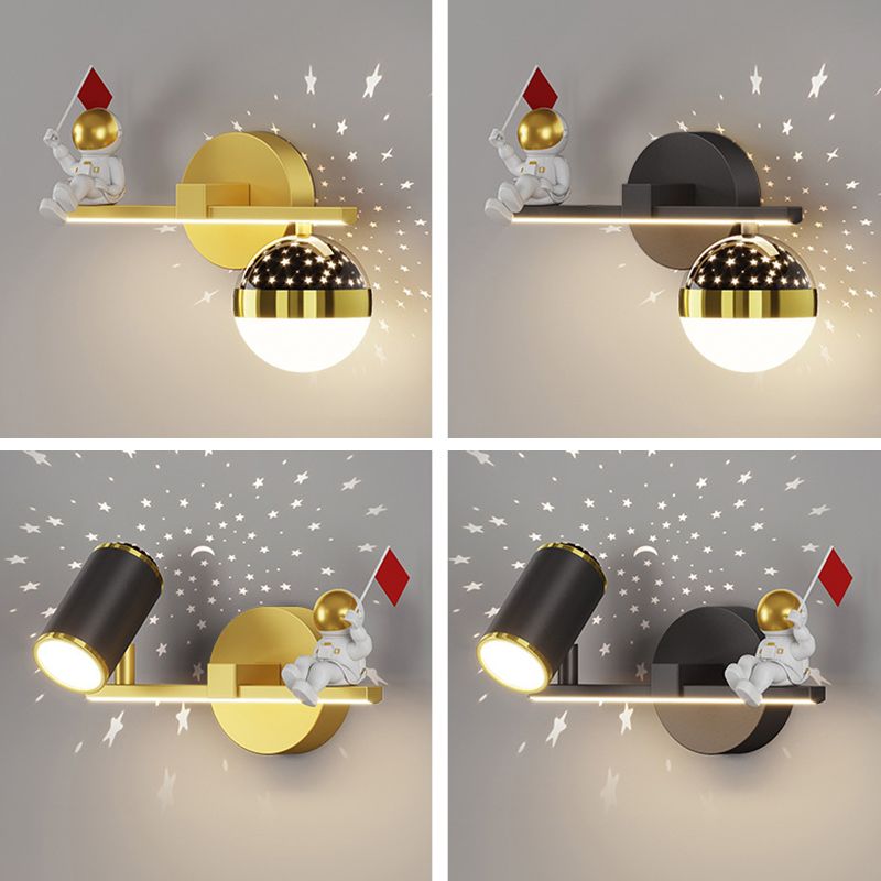 Kids Astronaut Wall Lamp Metal Sconce Lighting in Black and Gold for Bedroom