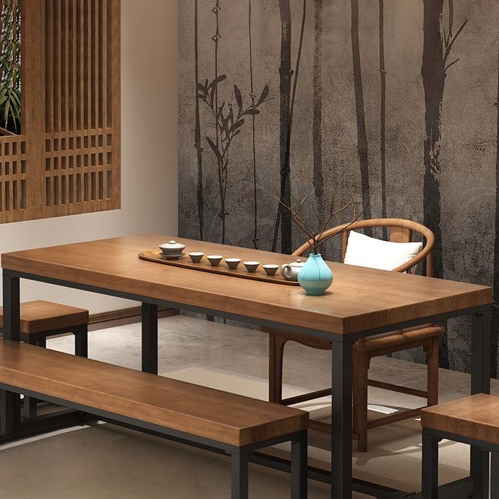 Industrial Rectangle Dining Table Pine Solid Wood Table with Trestle Base for Home Kitchen Dinner