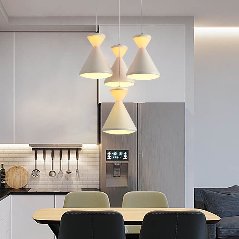 4 Heads Dining Room Cluster Pendant Light Modernist White LED Hanging Lamp with Hourglass Acrylic Shade