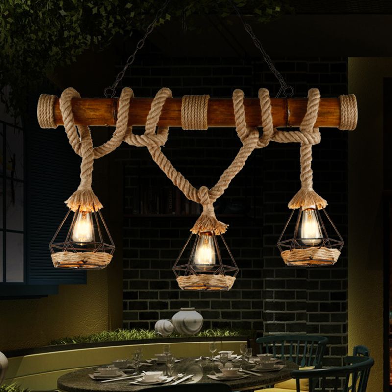 3-Light Hemp Rope Island Pendant Countryside Beige Shaded Restaurant Suspension Light