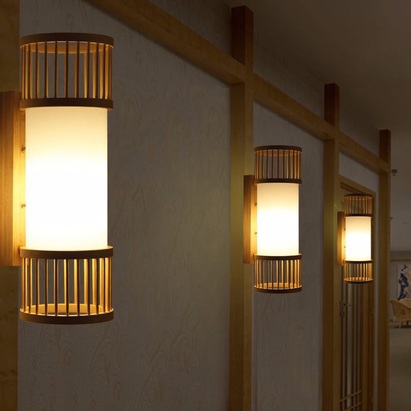Cylindrical Wall Mount Light Modern Bamboo Single Wood Wall Light Fixture for Corridor