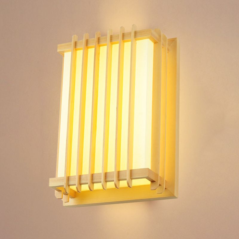 Square Shape Wooden Wall Sconce 1-Light Simple Wall Mount Lamp for Living Room