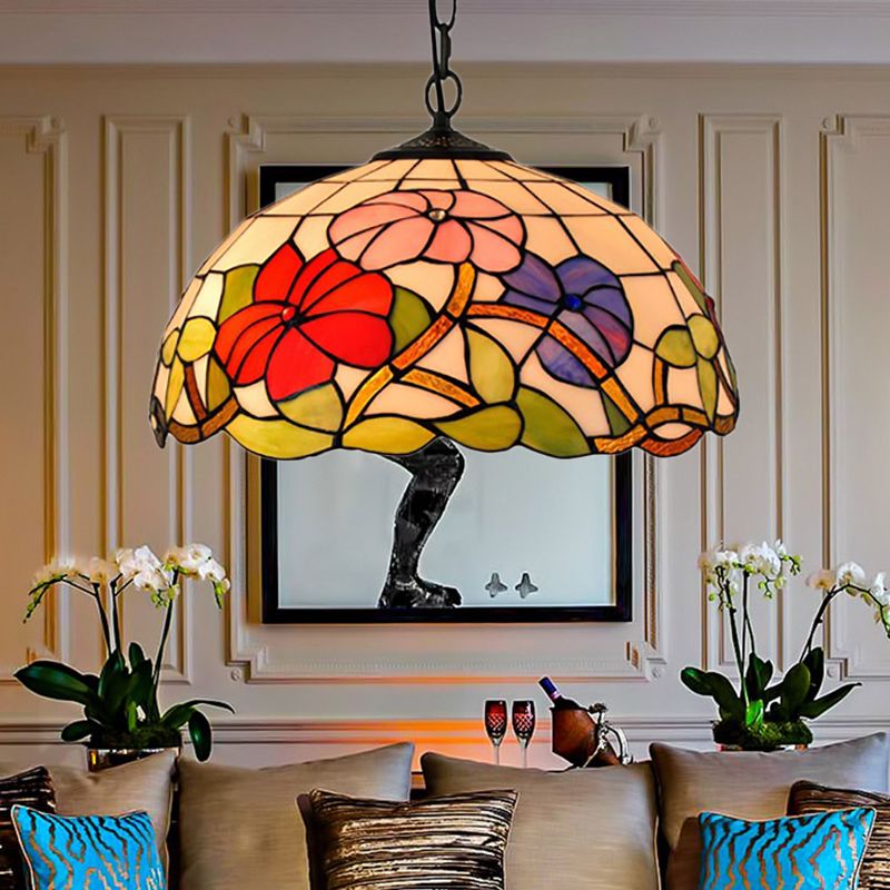 Floral Suspension Light Tiffany Stained Glass 1 Head Black Pendent Ceiling Light for Living Room
