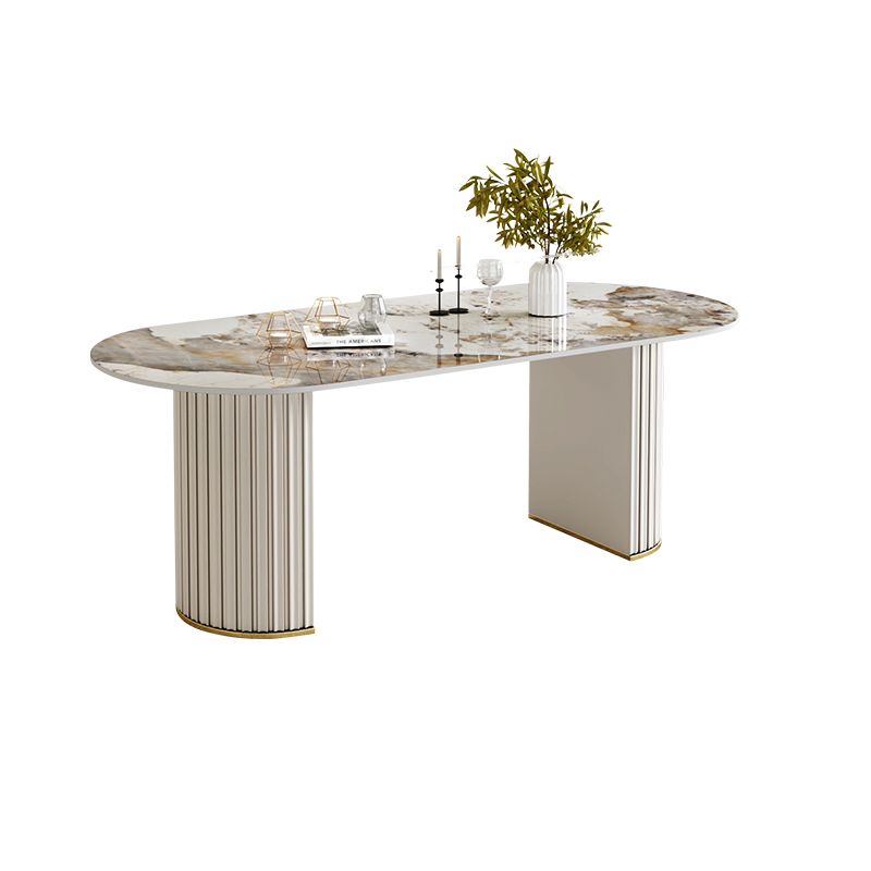 Simple Oval Dining Room Table Sintered Stone Top Double Pedestal Table