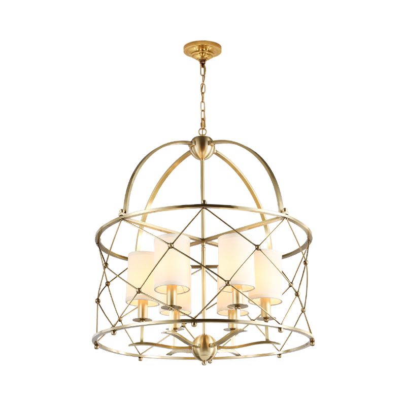 Brass Cylindrical Chandelier Lamp Nordic Metal 6 Heads Pendant Lighting Fixture with Fabric Shade