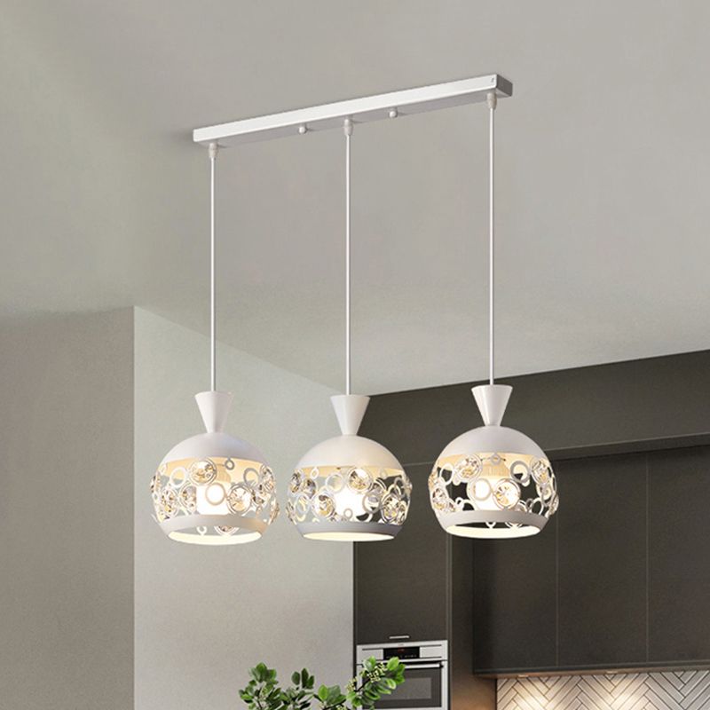 Crystal Embedded Domed Pendant Lamp Modernism 3 Heads White Finish Multi Ceiling Light