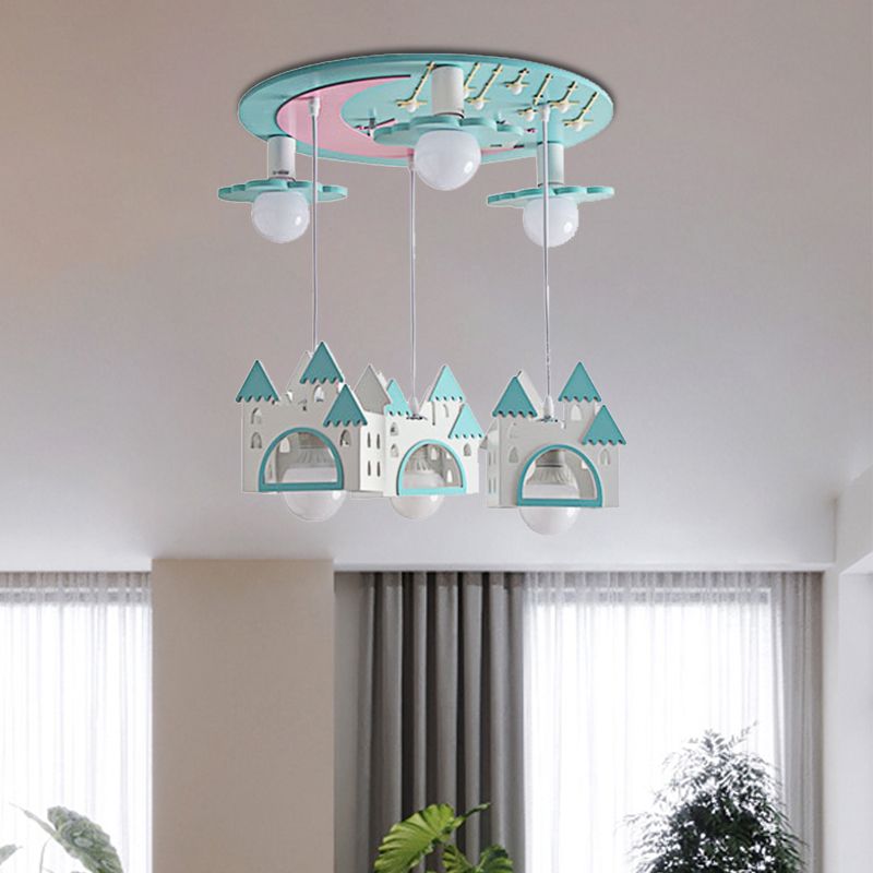 6 Lights Bedroom Cluster Pendant Light Kids Green Ceiling Light Fixture with Castle Wood Shade