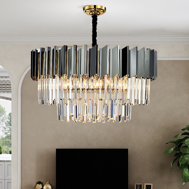 Tiered Suspension Light Artistic Strip Crystal Black Chandelier Light for Living Room