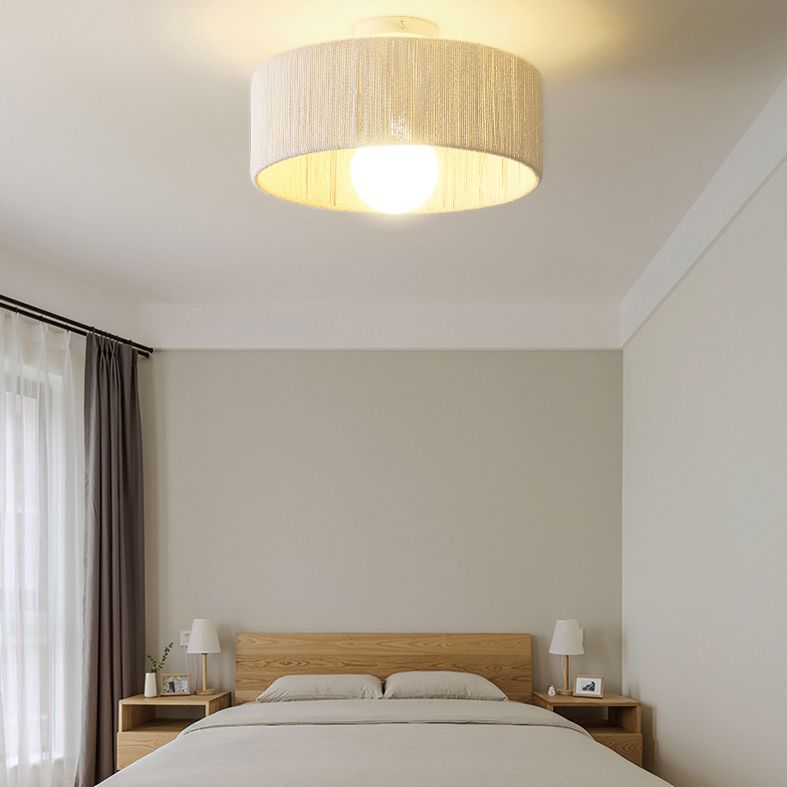 Fibra di rattan 1 luce semi -filo soffitto leggero rotondo asiatico semifulto lampadario a montaggio per camera da letto