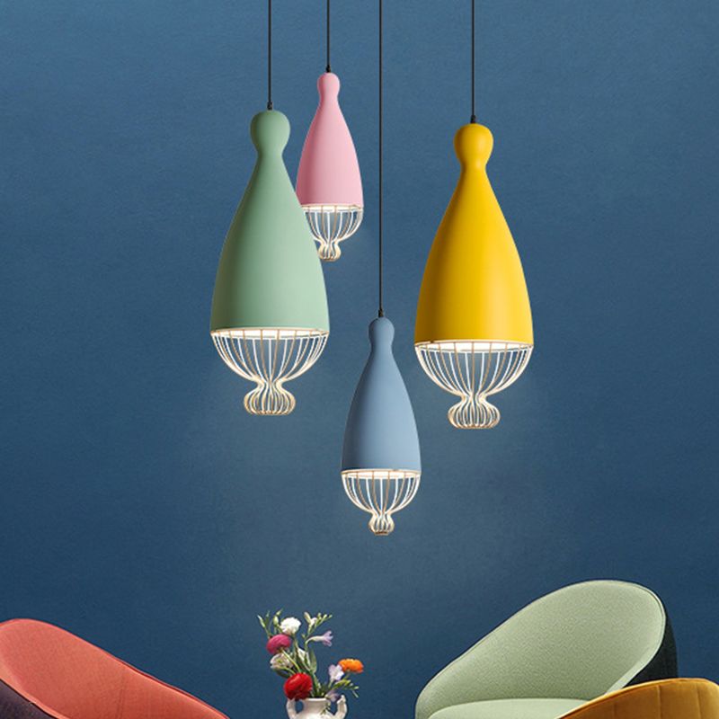 Luce a sospensione in alluminio a palloncino invertito Macaron 1 testa di sospensione grigia/rosa/blu con gabbia