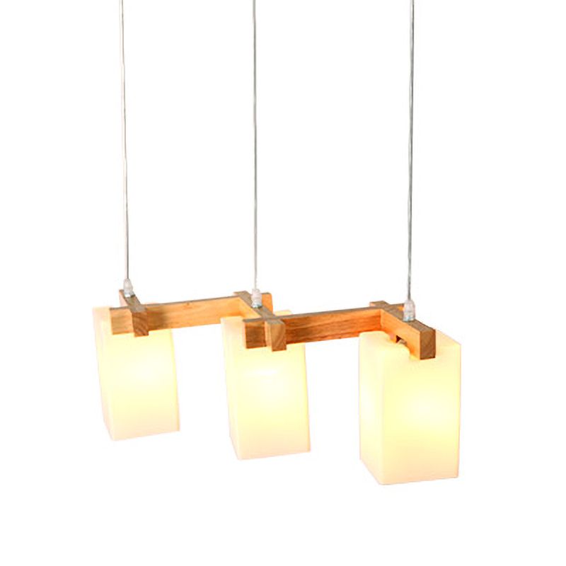 3 Bulbs Kitchen Cluster Pendant Modern Wood Hanging Lamp with Rectangular White Glass Shade