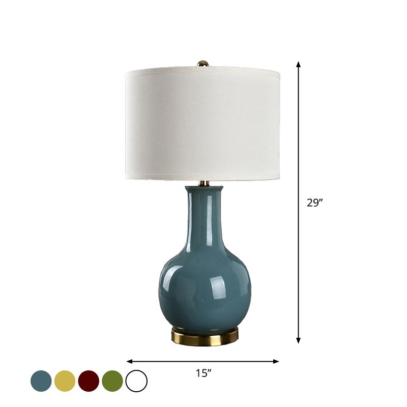 Drum Night Stand Light Modern Fabric 1 Head Living Room Table Lamp with Vase Ceramic Base in White/Red/Blue