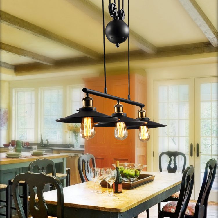 Wrought Iron Black Island Pendant Light in Industrial Classic Style 3-Light Adjustable Pendant Light for Dining Room