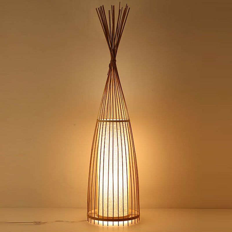 Zuidoost -Azië Conical Stand Up Lamp Bamboo enkele woonkamer vloerverlichting met cilinderdiffuser