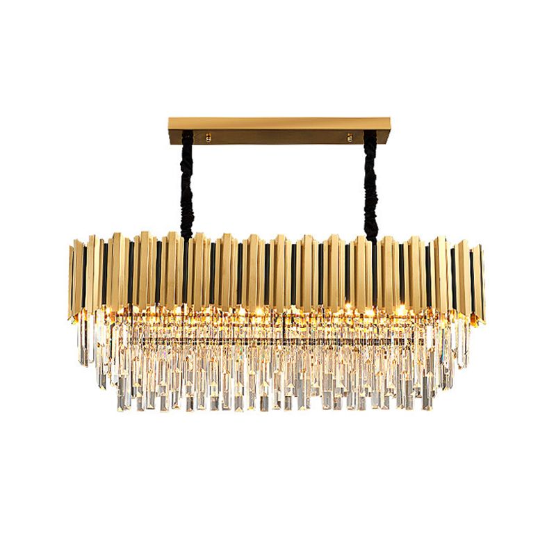 Oblong 3-Sided Crystal Rod Island Light Postmodern 10-Light Kitchen Dinette Drop Pendant in Gold