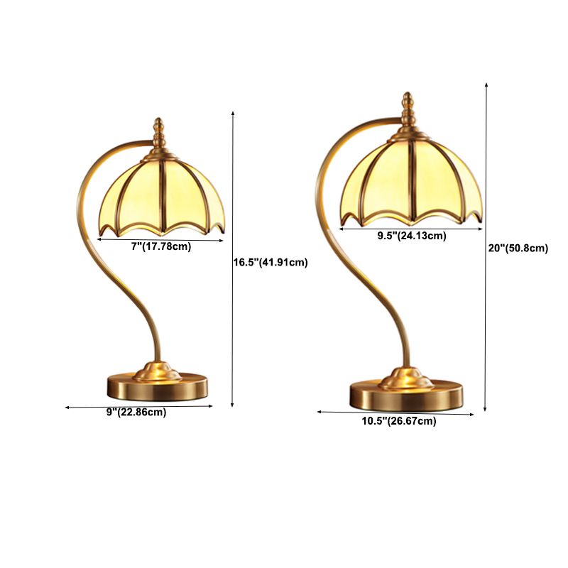 European Style Umbrella-shape Table Lamp Copper Desk Lamp with Glass Shade for Bedside