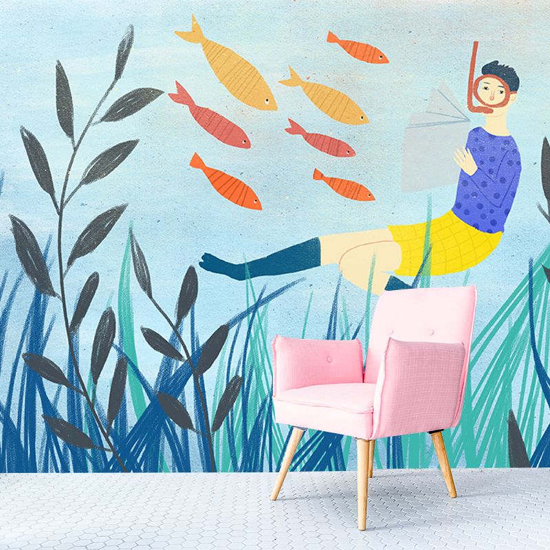 Blue Reading Undersea Mural Decal Moisture Resistant Wall Art for Childrens Bedroom