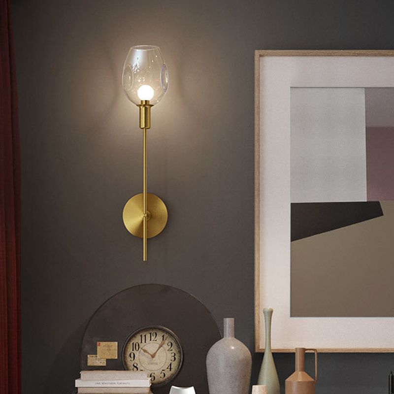 Dimpled Cup Clear Glass Wall Light Minimalist Single Gold Sconce Lamp with Pencil Arm for Hallway