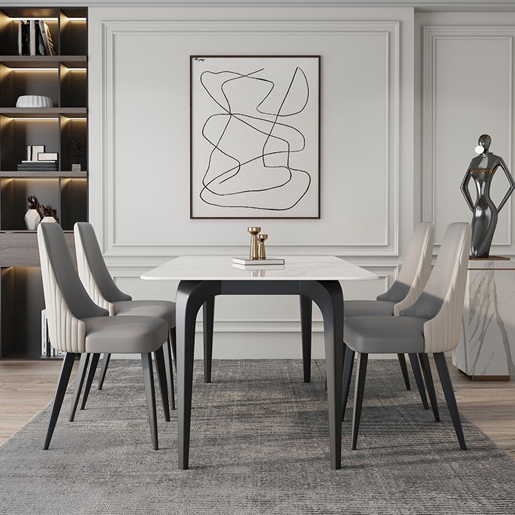 Rectangle 4 Legs Mid-Century Table White Tone Fixed Table of Sintered Stone